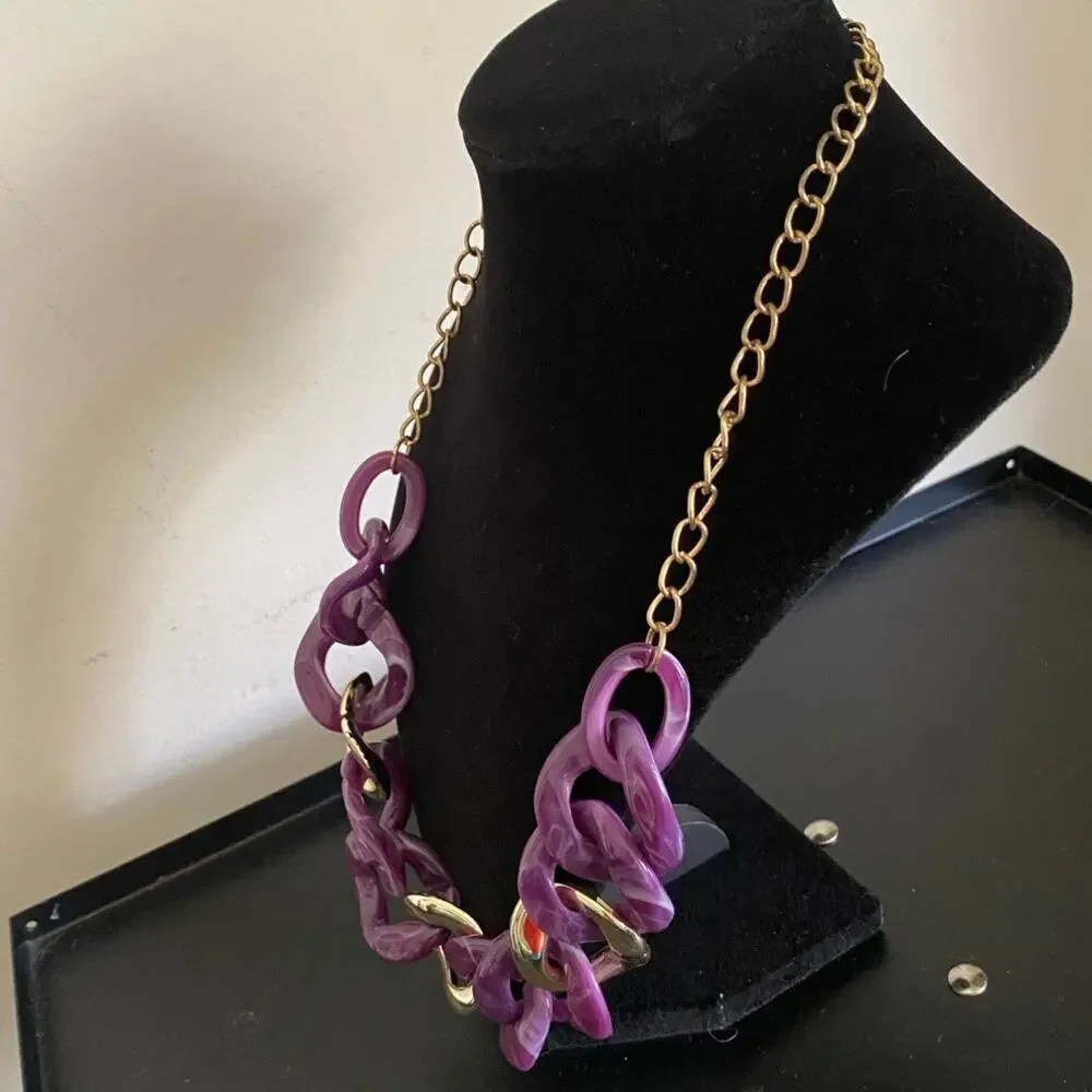 Vintage Purple Chunky Link Statement Necklace Gold Tone 80s–90s Retro Bold